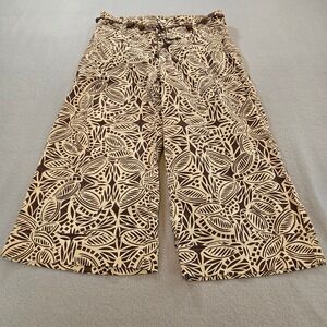 Linen Cotton Tribal Leaf Print Wide Leg Cropped Pants Brown Size 8 Vacation Lee